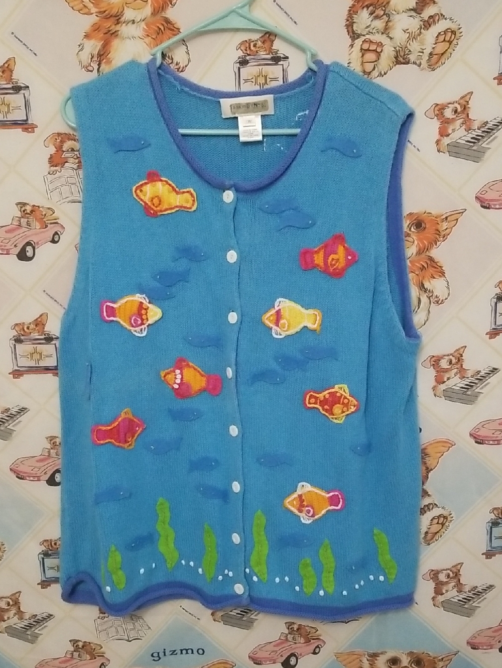 Vintage Susan Bristol Sweater Vest Womens 1W Blue Hand Knit Tropical Fish Knit